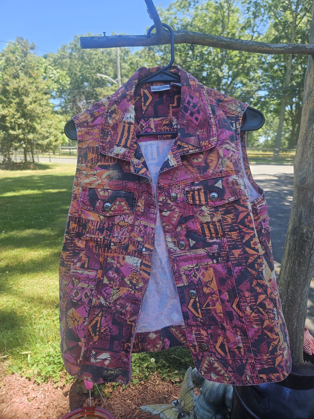 Colorful Aztec-Print Sleeveless Denim Jacket Vest
